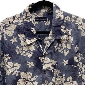 World Island Mens XL Blue Floral Hibiscus‎ Cotton Button Down Shirt Tropical